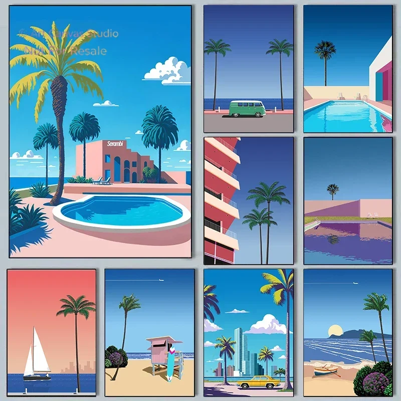 Hiroshi Nagai Vaporwave Japan Beach City Summer Wall Art Canvas Painting Prints Posters Wall Pictures Nordic Living Room Deco