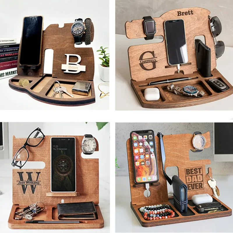 Multifunction Wooden Bedside Organiser Wood Phone Docking Station Key Holder Wallet Stand Watch Organizer Valentines Gifts