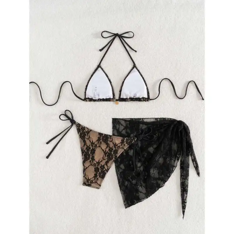Ins Style Lace Bikini Three Piece Set Sexy Tie Side Swimwear For Women Beach Hot Spring