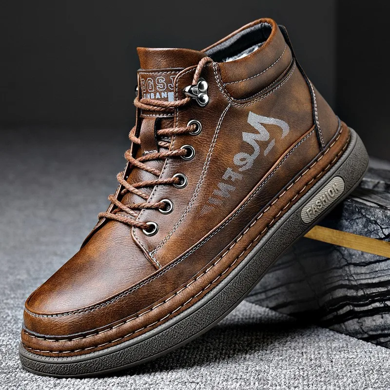 

Leather Boots Men's High Top Casual Plush Warm Cotton Shoes Men Bota Masculina Chaussure Hommes Botas Casuales Hombre Botines