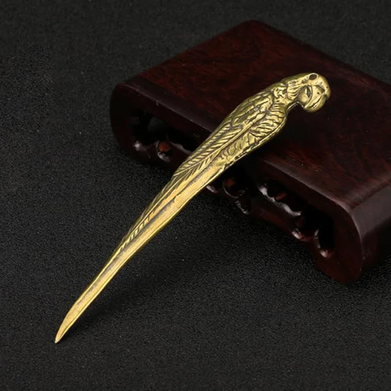 Pure Brass Old Solid Parrot Tea Knife Small Ornament Pu'er Brick Prying Needle Home Decoration Office Desktop Handle Toy