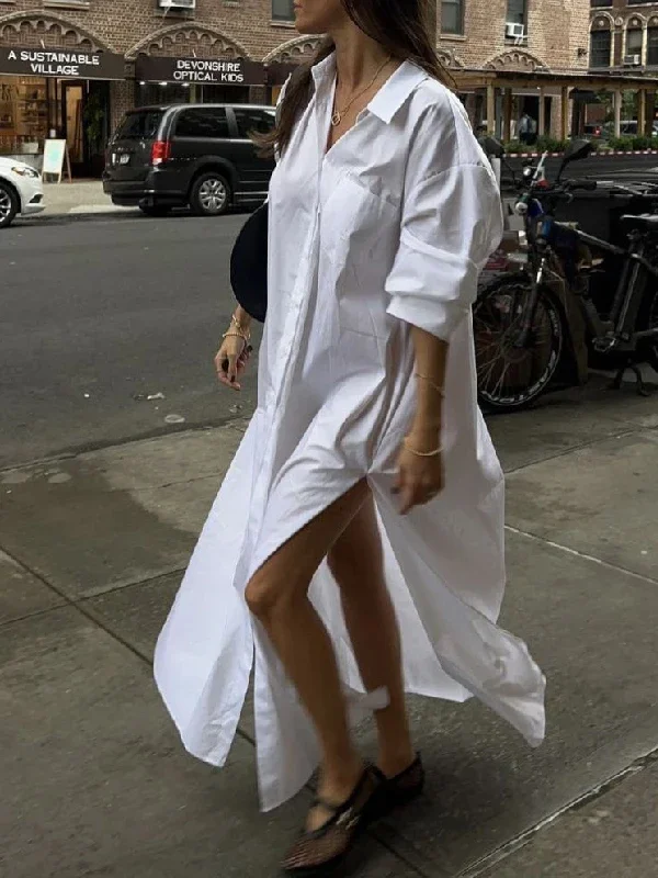 Witte maxi-jurken voor dames 2025, lente-zomerkleding, split-side vrouw, eenvoudige, casual lange shirtjurk met knopen