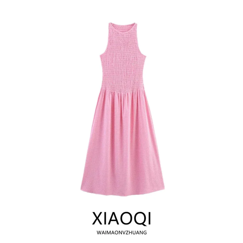 Summer 2025 New Arrival Women's Long Midi Dr round Ne Svel Plaid Design Commute High Waist A-Line Skirt Sle