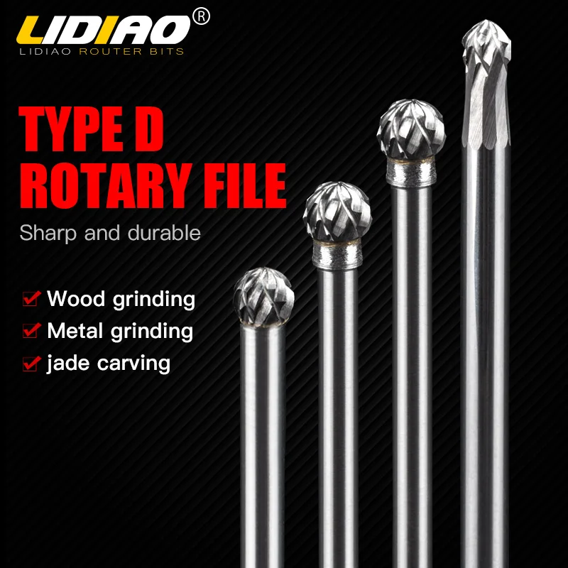 LIDIAO Metal Ball Carbide Rotary File Double Slot D Type Burr Die Grinder Abrasive Tool Wood Carving Bit 3mm Milling Cutter