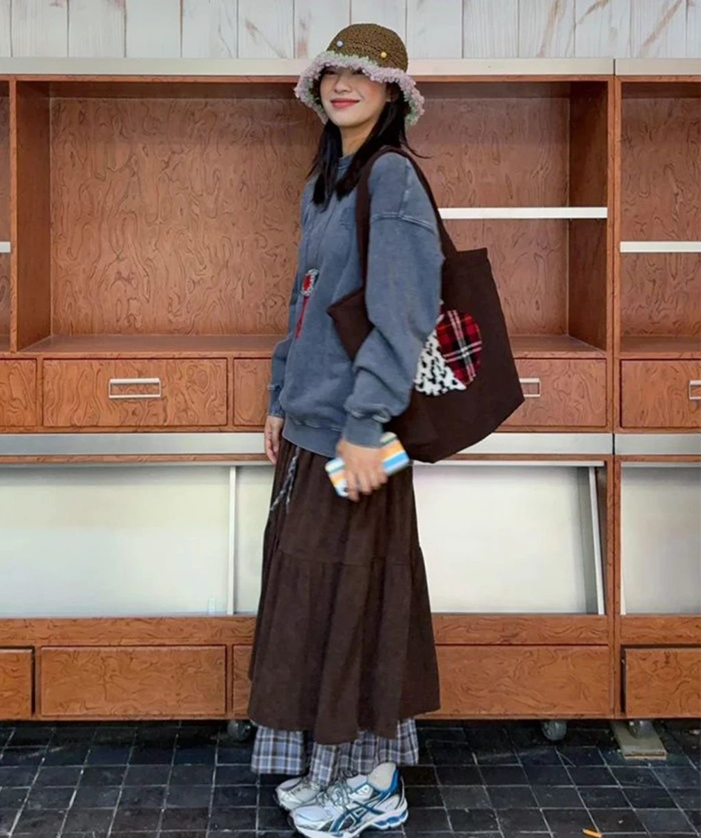 سروال قصير عتيق تنورة طويلة يابانية Preppy منقوشة المرقعة عالية الخصر النساء التنانير Harajuku ريترو فضفاض عادية الحلو كعكة Skir