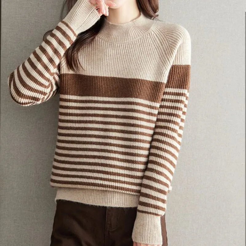 

New Autumn and Winter Fashion High End Stripe Half High Neck Sweater Versatile Western Style Reduced Age Mom's Knitted Sweater