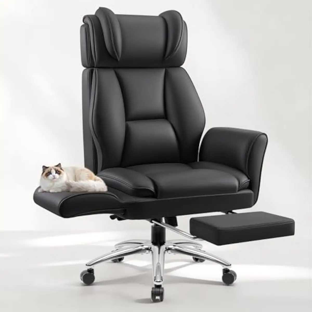 Ergonomic high-back executive chair with flip-up armrests for flexible seating, PU leather upholstery, thick cushioned seat and