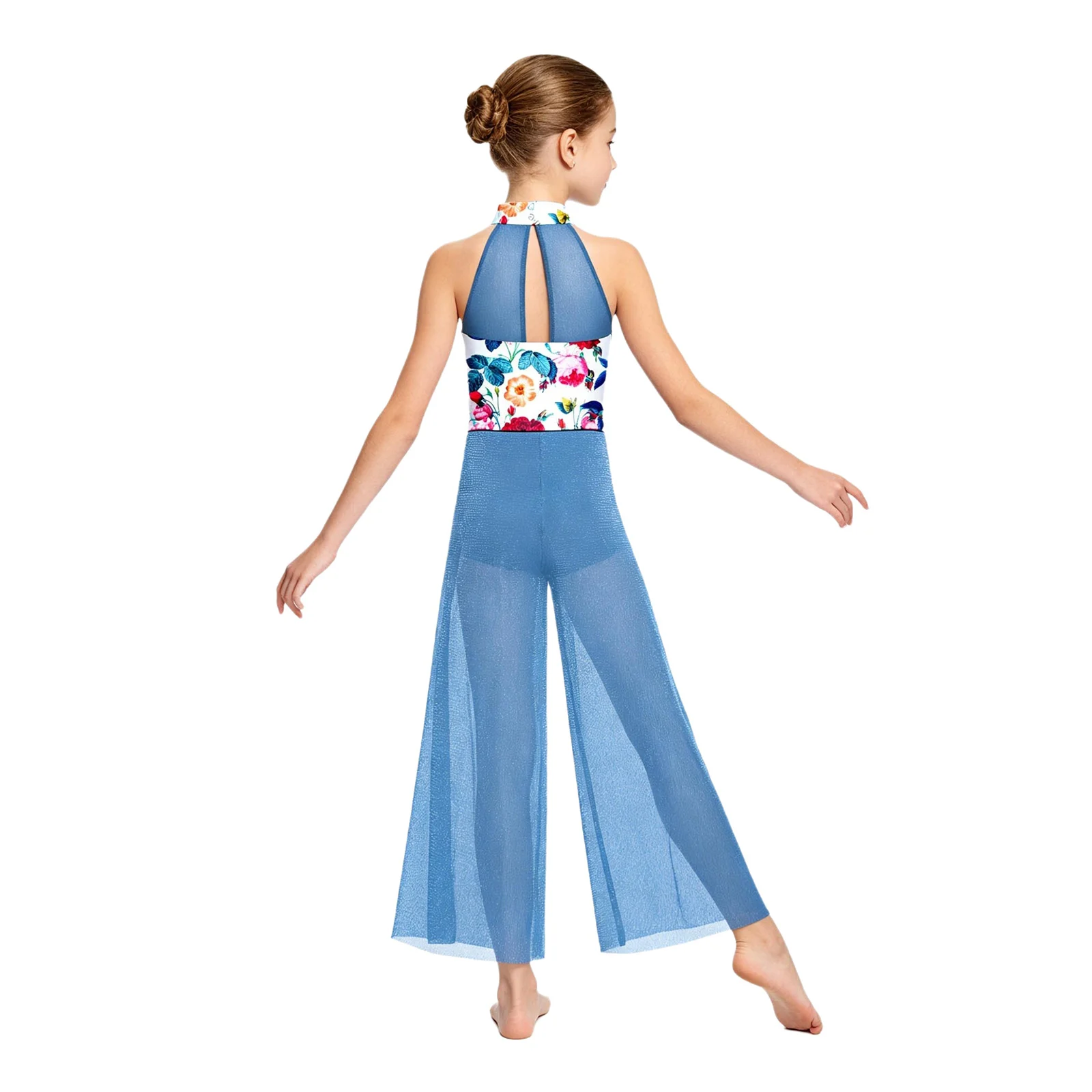 Children Girls Sleeveless Sheer Mesh Print Modern Lyrical Dance Figure Skating Ballet Gymnastics Acrobatics Jumpsuit Dancewear