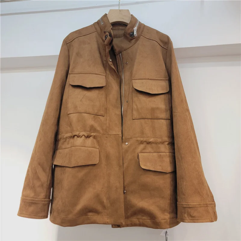QICHE Women Retro Cargo‑Style Faux‑Suede Jacket Stand‑Collar Drawstring Waist Loose Functional Coffee Casual Outerwear For Autum