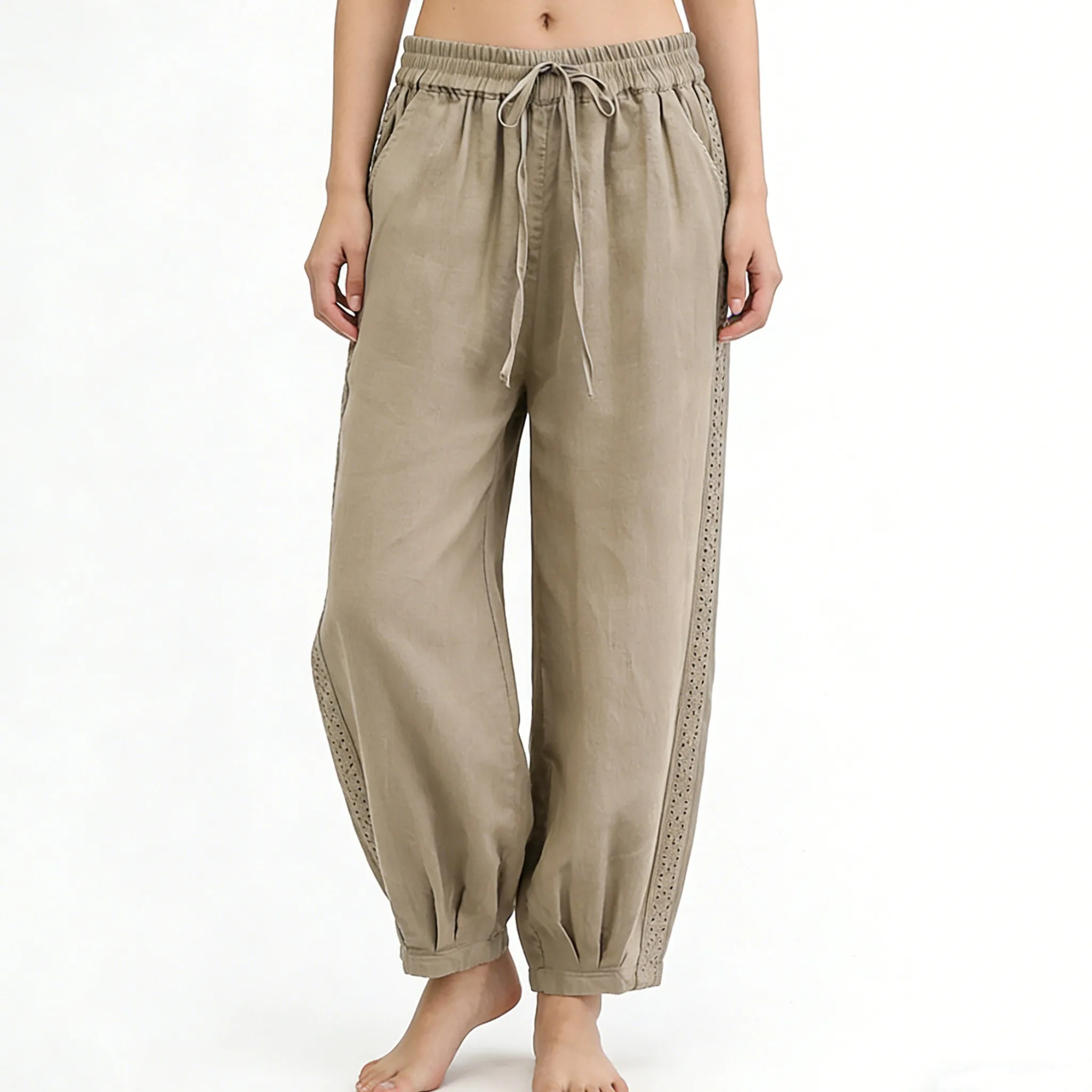 

Женские повседневные брюки больших размеров из хлопка и льна с широкими штанинами, в стиле пэчворк, с высокой талией, в художественном стиле, цветные, летние, новинка