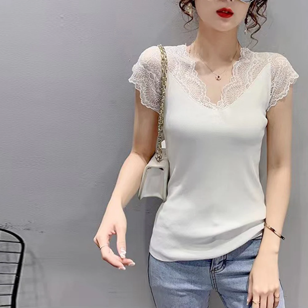 

Flower Lace Collar Panel Elastic T Shirt Women Black S-3XL Knit Stretch Shirts Girl V Neck Short Sleeve Top Office Lady Clothing