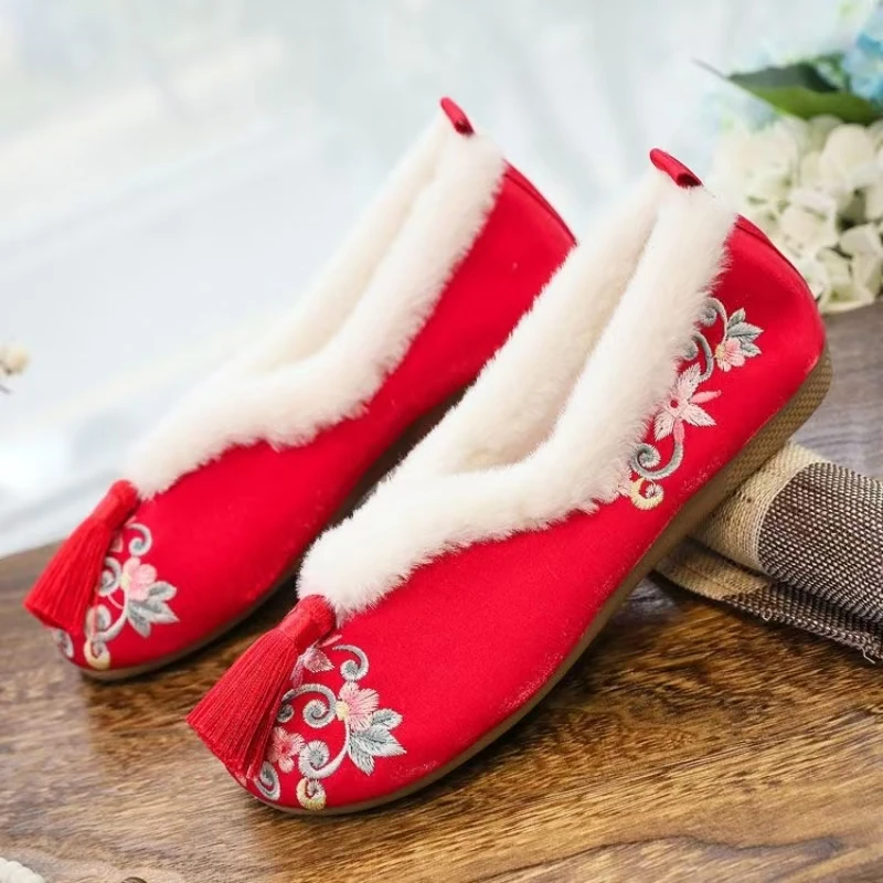 Women Women Flat Sole Embroidered Hanfu Cotton Shoes Winter New Soft sole Round Toe Shallow Slip On Plush Warm Tassel Cheongsam Shoes - Aliexpress Deal