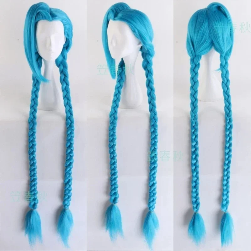 Jinx Cosplay Perücken Spiel League of Legends LOL Blaue Doppel-Pferdeschwanz-Zöpfe Die Loose Cannon Perücke Lange Haare für Halloween-Party