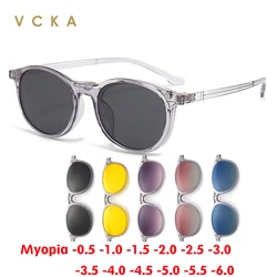 VCKA Transparent Frame Women Myopia Sunglasses 6 In 1 Fashion Polarized Magnetic Clip On Glasses Prescription Eyeglass -0.5~-6.0
