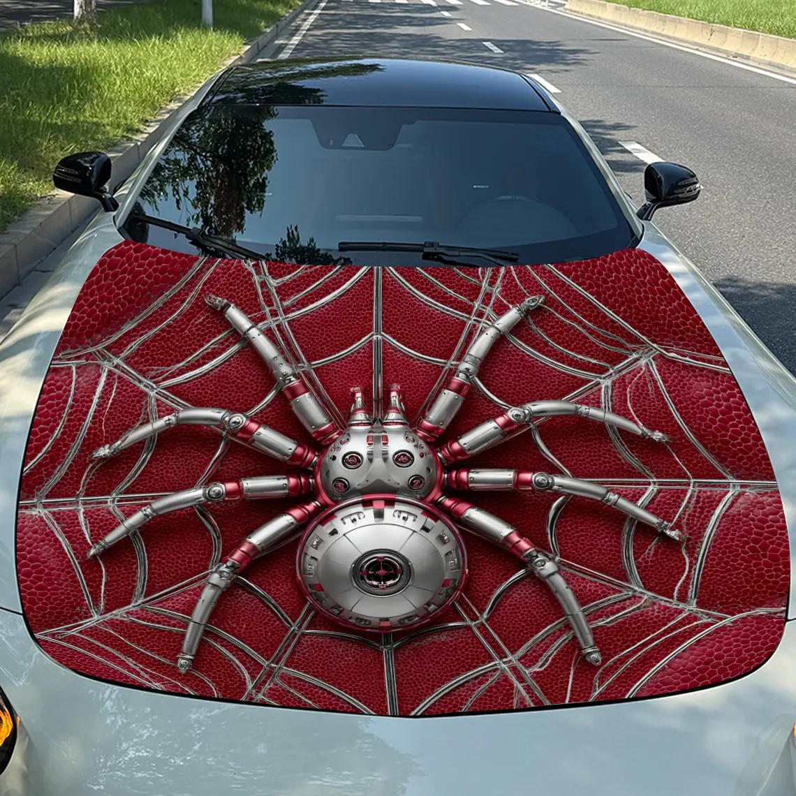 

Terrifying Silver Spider Pattern car hood stickers, waterproof self-adhesive, scratch resistant, easy to stick, durable car PVC