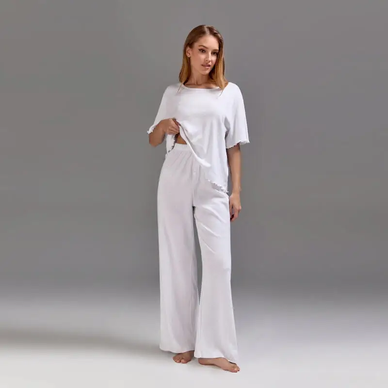 

Women Knit Cotton Elegant Pajamas 2 Pcs Shirt&pant Casual Home Clothes Nightwear Minimalist White Home Wear Summer Sleepwear ﻿