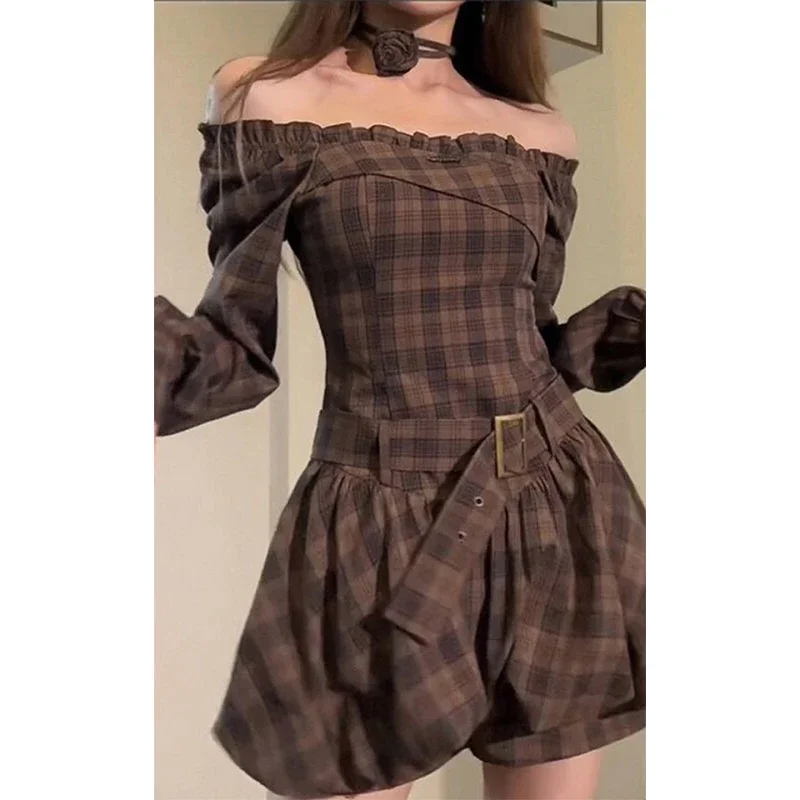 Vintage Plaid Mini abito donna Streetwear Sexy Slash Neck Belt One Pieces abiti Harajuku coreano manica lunga tunica Vestidos nuovo