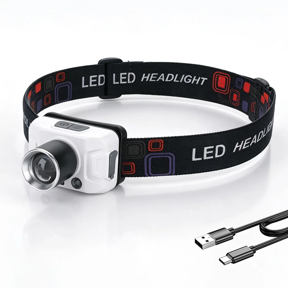 BORUiT Motion Sensor LED Headlamp USB Rechargeable Zoom Headlight 3 Modes Built-in Battery Camping Fishing Forehead Head Light