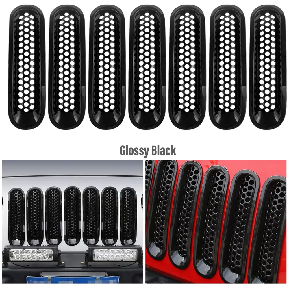 7pcs Glossy Black Front Grill Insert Mesh Trim Grille Cover For Jeep JK Wrangler 2007-2017 Exterior Accessories