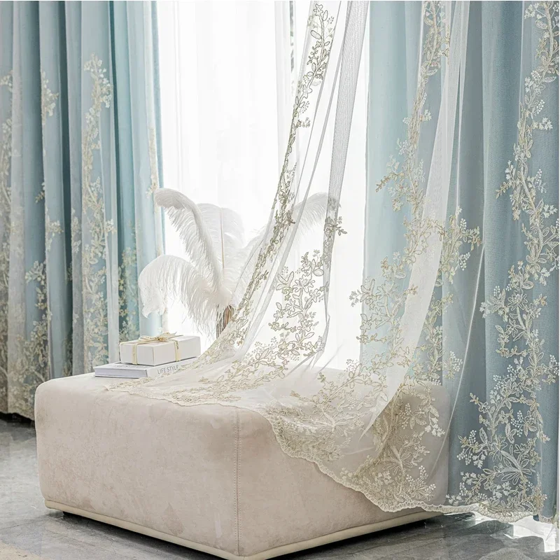 

Nordic Fresh Curtain Feather Embroidered Double-layer Shading Girl Bedroom Balcony Bay Window Simple Curtain Cloth Living Room