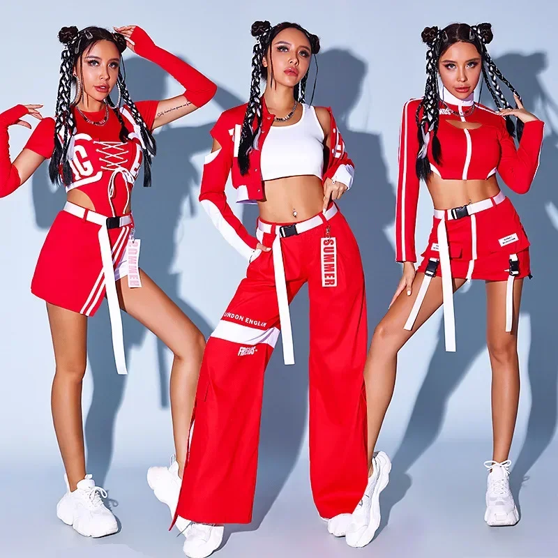 Red Kpop Stage Outfits Jazz Dance Costumes for Girls 2024 Hip Hop Festival Rave Outfit Competition Performance Top Pants Skirt