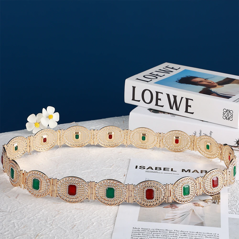 

Wedding Dress Waist Chain Bright Full Crystal Big Gem Crystal Luxury Moroccan Style Metal Belt Adjustable Length