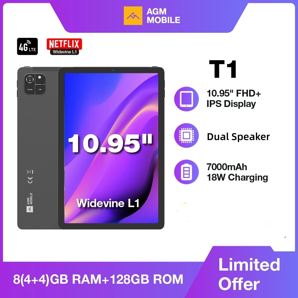 AGM PAD T1 Tablet da 10.95 pollici 1200*1920 FHD + Schermo 8(4+4) GB RAM 128 GB ROM 4G LTE Android 14 Unisoc T606 Tablet Widevine L1