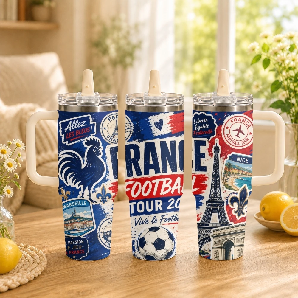 France Football Tour Vacuum Flasks 40oz Thermal Tumbler with Handle Stainless Steel Vacuum Insulated Water Portable Mug Cup