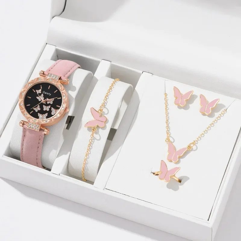 Relógio de luxo para mulheres, Anel Colar Brincos Pulseira Set, Relógios de pulseira de couro borboleta, Relógio de pulso quartzo feminino