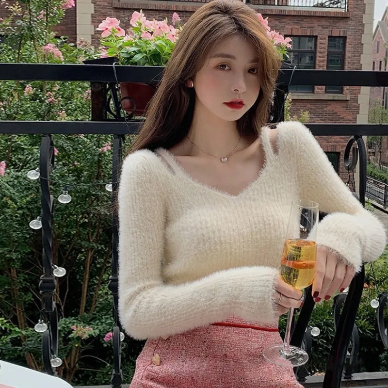 

Женский вязаный свитер oulder Bared Long Sve, облегающий крой, модная верхняя одежда с имитацией норки, весна-осень, новый Sle