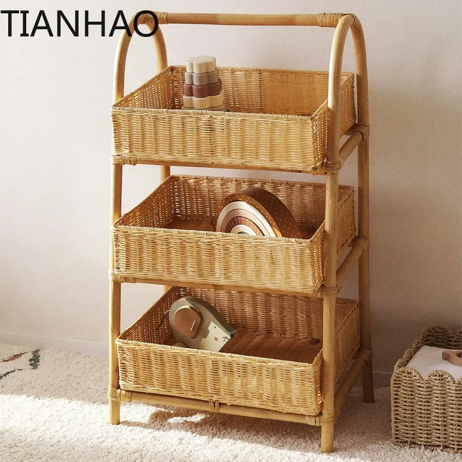 Nordic Multi-layer Organizer Shelf Natural Indonesian Rattan Display Stand Homestay Storage Rack Versatile Scene Storage Basket