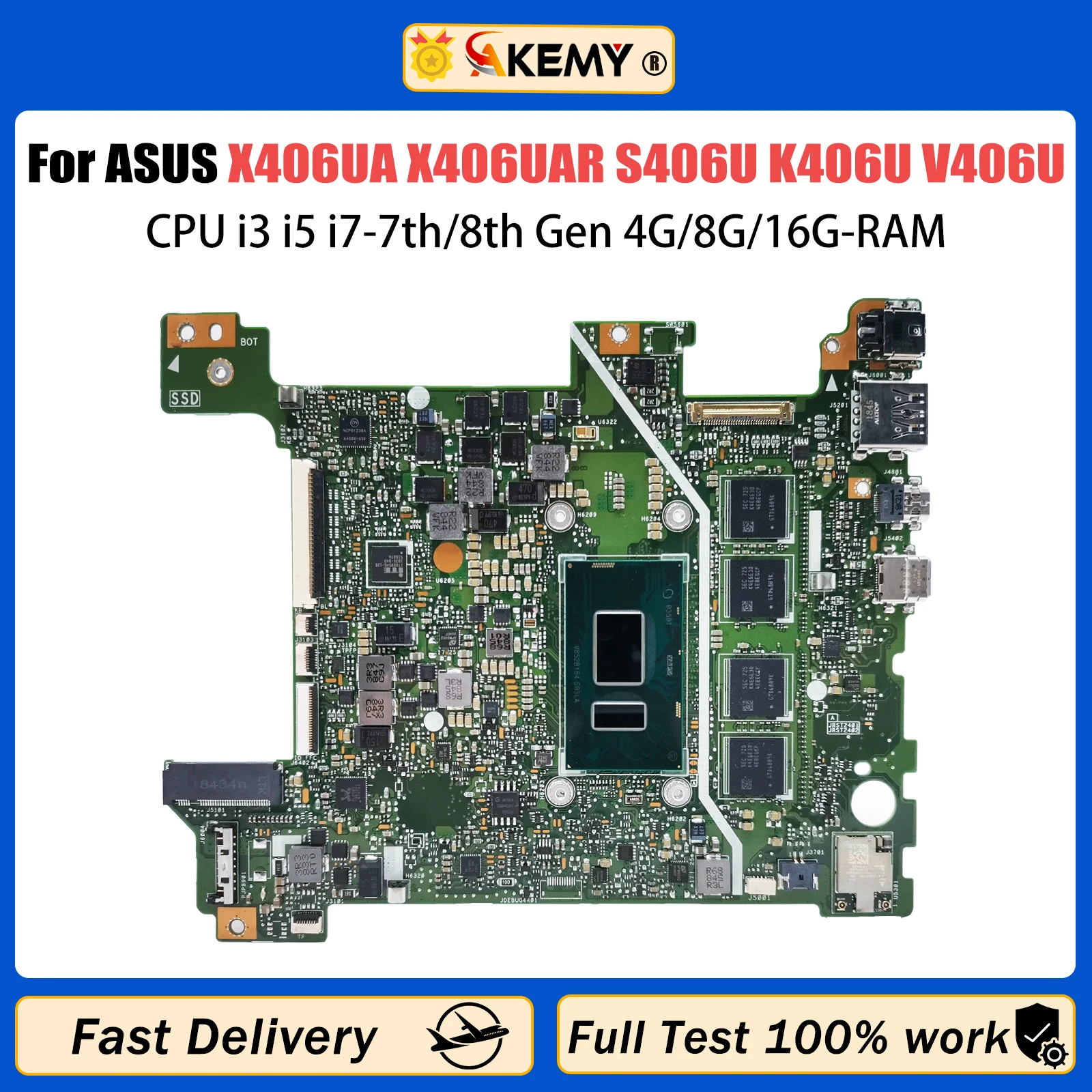 AKEMY X406UA Laptop Motherboard For ASUS VivoBook S14 X406UAR S406U K406U V406U Y406U Mainboard CPU i3 i5 i7-7/8th 4G/8G/16G-RAM