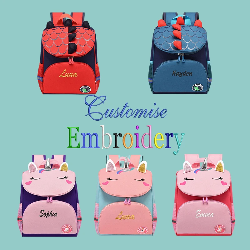 

Вышитый рюкзак с изображением единорога и динозавра в форме животного на заказ, милый и модный, полный очаровательных.