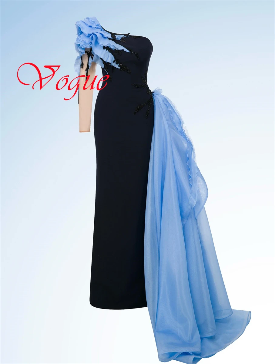 

Customized Elegant Black Jersey Evening Dress Classic One Shoulder Long Sleeves Zipper Back Contrast Color Homecoming Dress
