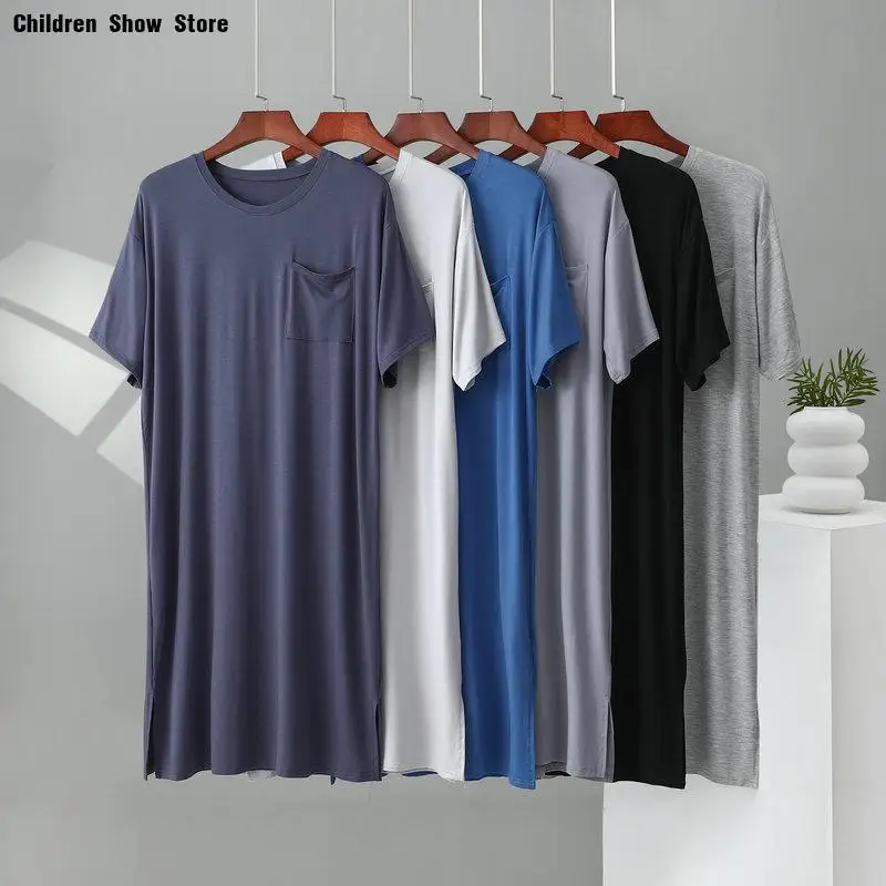 

Men's Modal Nightdress Long Dress Home Clothes Pocket Short Sleeve Bathrobe Home Mens Nightshirt Sleep Tops Oversize 3Xl