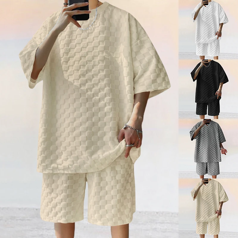 Fashion Men's Off-shoulder O-neck Knitted Top and Shorts Set, Classic American High Street Heavy Oversize Casual Suit