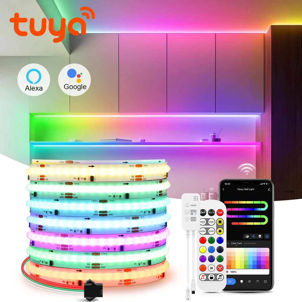 Smart WS2811 RGBIC RGB COB LED Strip Tuya WIFI Alexa Control Addressable Flexible Dimmable Room Decoration Led Tape Diode Ribbon