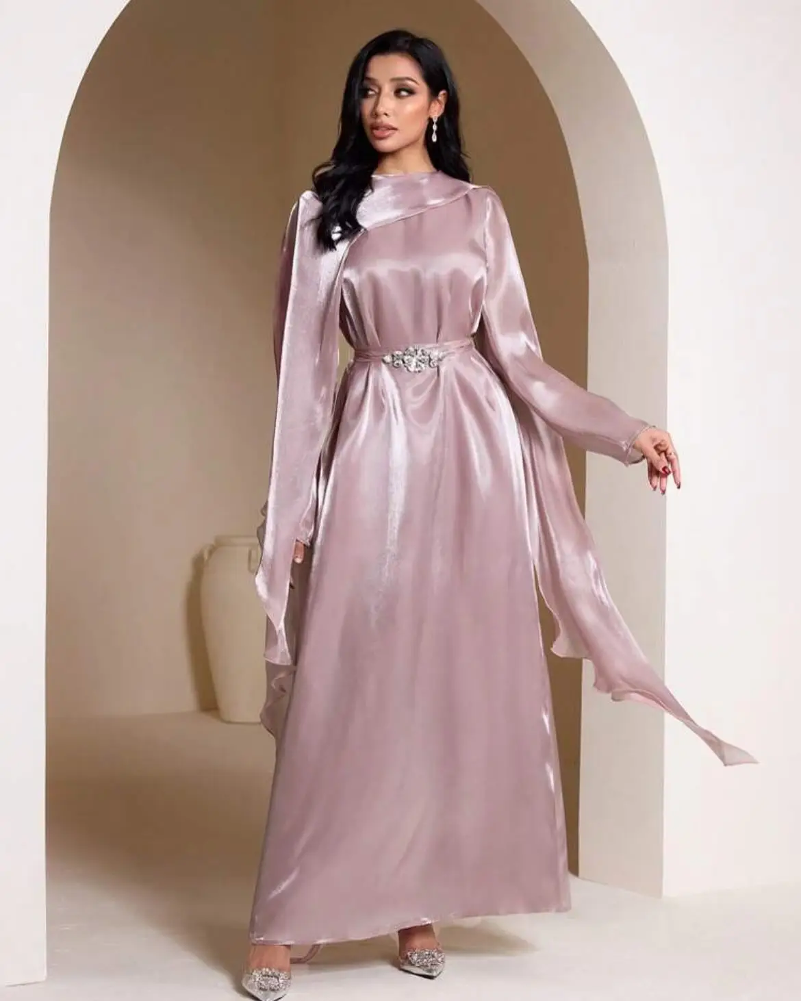 

Customized Graceful Satin A-Line Crystal Ribbons Evening Dress High Quality Long Sleeves Crew neck Floor Length prom dresses