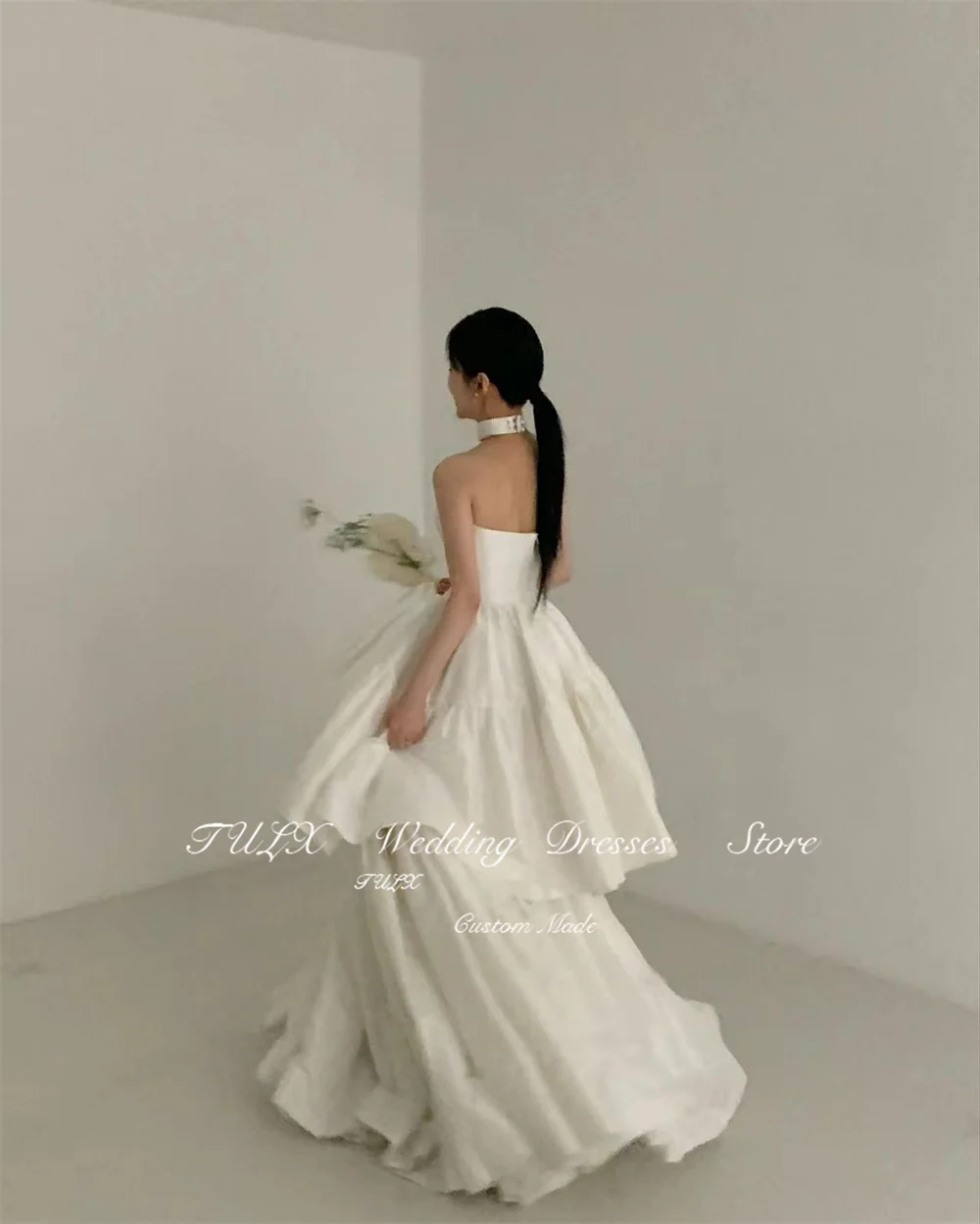 TULX Korea Photoshoot Strapless Satin Puffy Wedding Dresses Sleeveless Satin Bridal Gowns A-line Long Tiered Simple Women 웨딩드레스