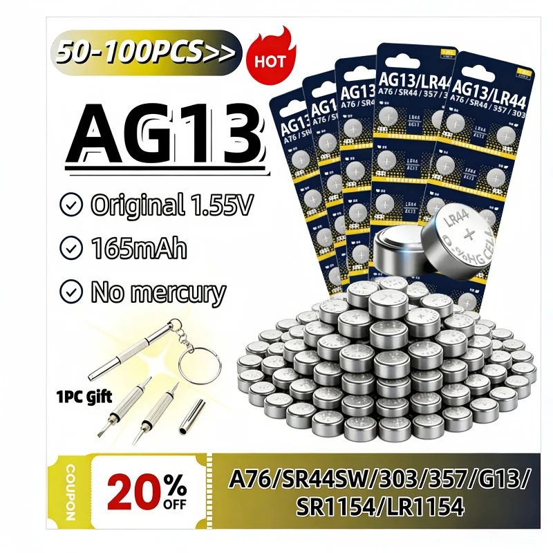 

50-100PCS AG13 Battery 1.5V LR44 Long Lasting 165mAh Button Batteries 357 SR44 LR1154 For Car Key Fob Electronic Toys Coin Cell