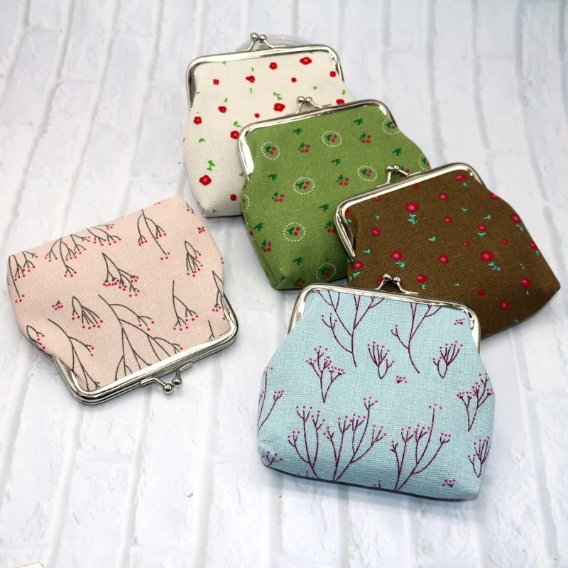 Women's Change Bag Printing Buckle Coin Purses Flower Cotton Fabric Zero Change Wallet Card Holders Key Bag Purse Pendant Pouch