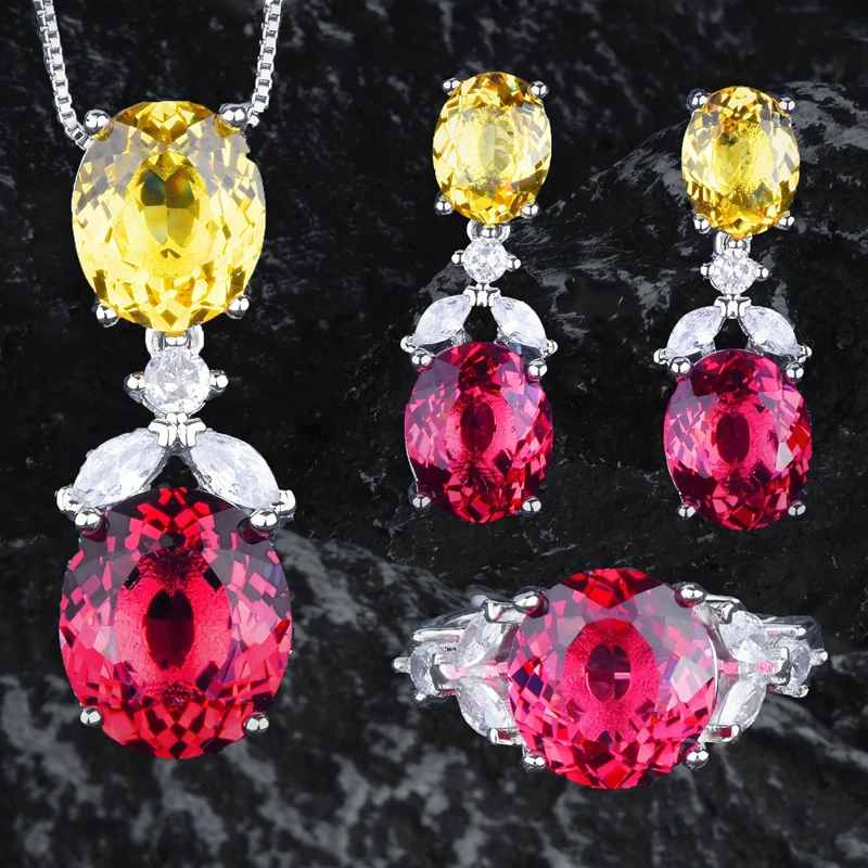 

KOFSAC Luxury Crystal Red Yellow Geometric Necklace Earrings Ring For Women Elegant 925 Sterling Silver Anniversary Jewelry Set