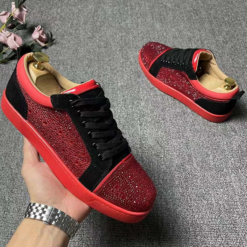 men luxury fashion rhinestone shoes brand designer rivets shoe original leather black red sneakers singer DJ stage footwear mans