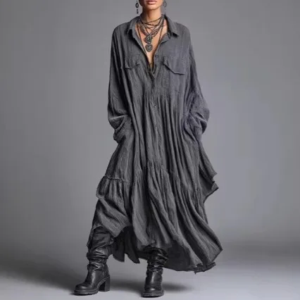 

Шикарное платье-рубашка оверсайз с рюшами, элегантное, с длинным рукавом, свободного кроя, макси, повседневное, для женщин, с карманами.