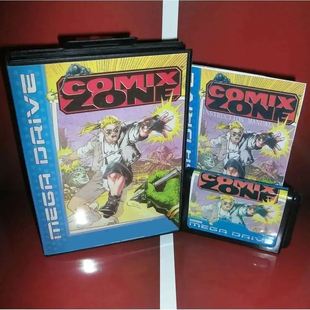 وصول جديد Comix Zone 16bit MD بطاقة الألعاب مع صندوق البيع بالتجزئة وكتاب يدوي لمحرك Sega Mega / Genesis