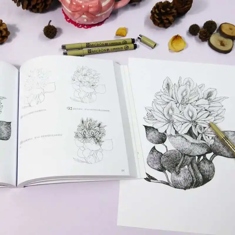 كتاب تعليمي للرسم على شكل زهور جمالية فارغة وبيضاء مرسومة يدويًا، كتاب فني للرسم بالقلم الرصاص 100 زهرة