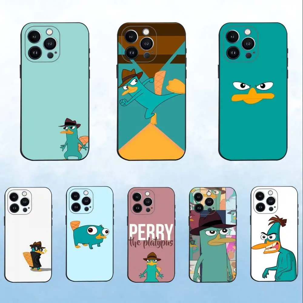 

Cartoon P-Perry The Platypus Phone Case For iPhone 16,15,14,13,12,11 Plus,Pro Max,XS,X,XR,SE,Mini,8,7,Soft Silicone Black Cover