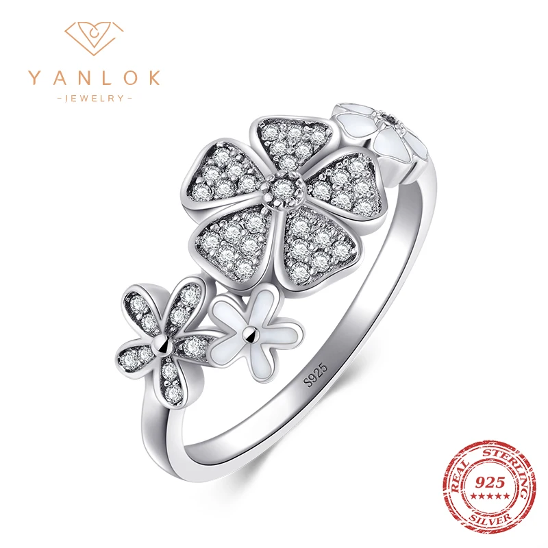 

YANLOK New Fashion Daisy Cherry Finger Silver Rings Engagement Wedding Jewelry Solid 925 sterling Silver Flower Ring for women