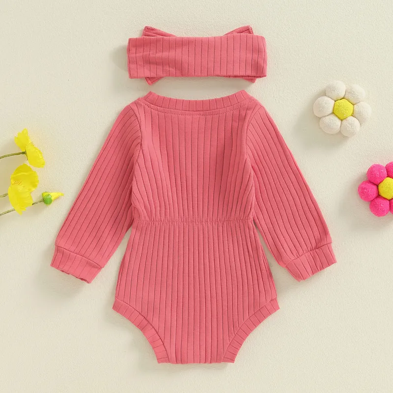 Newborn Baby Girls Bodysuit Spring Autumn Clothes Solid Color Ribbed Long Sleeve Jumpsuit and Cute Headband Set for Infant