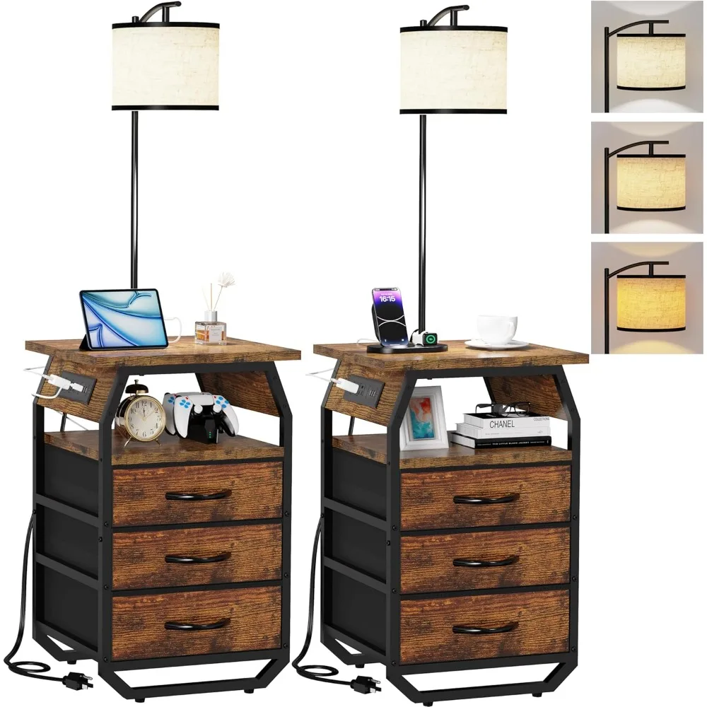 

Floor Lamp with Table Set of 2, End Tables with Lamps Attached 3-Color Temperature Bulb, Side Table